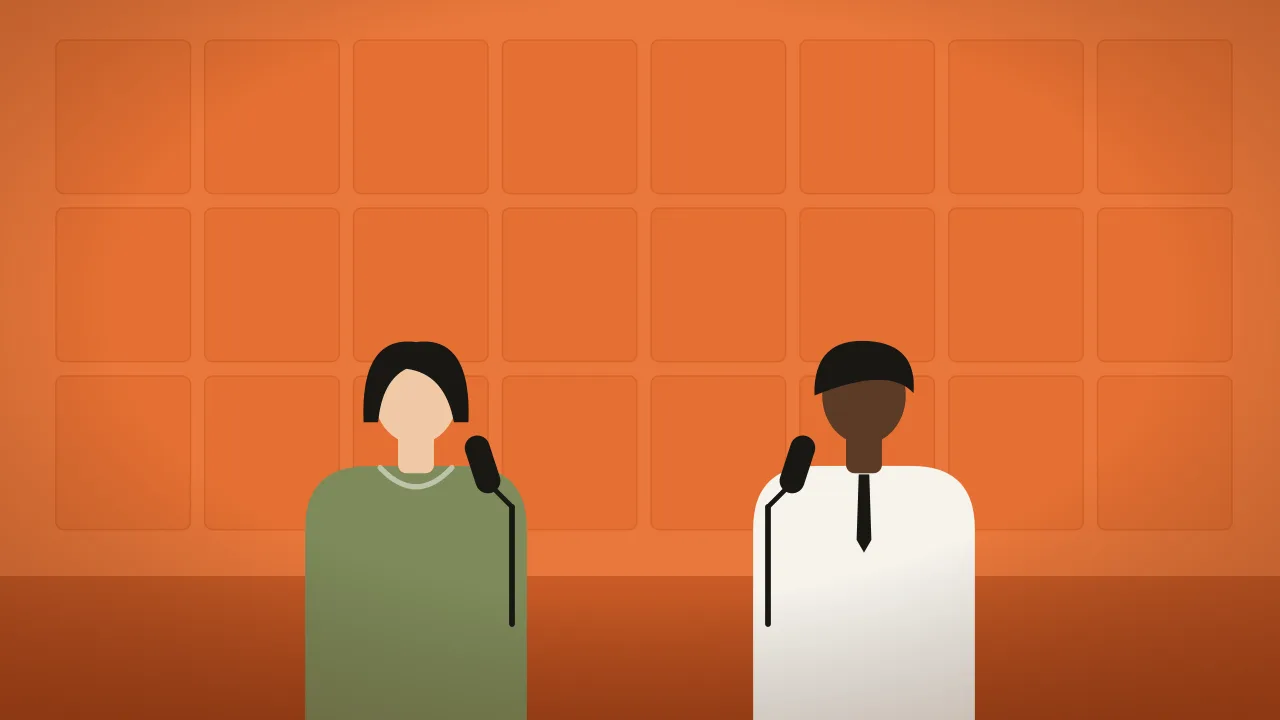 Illustration of two people at microphones in an orange booth (placeholder, not a real result)