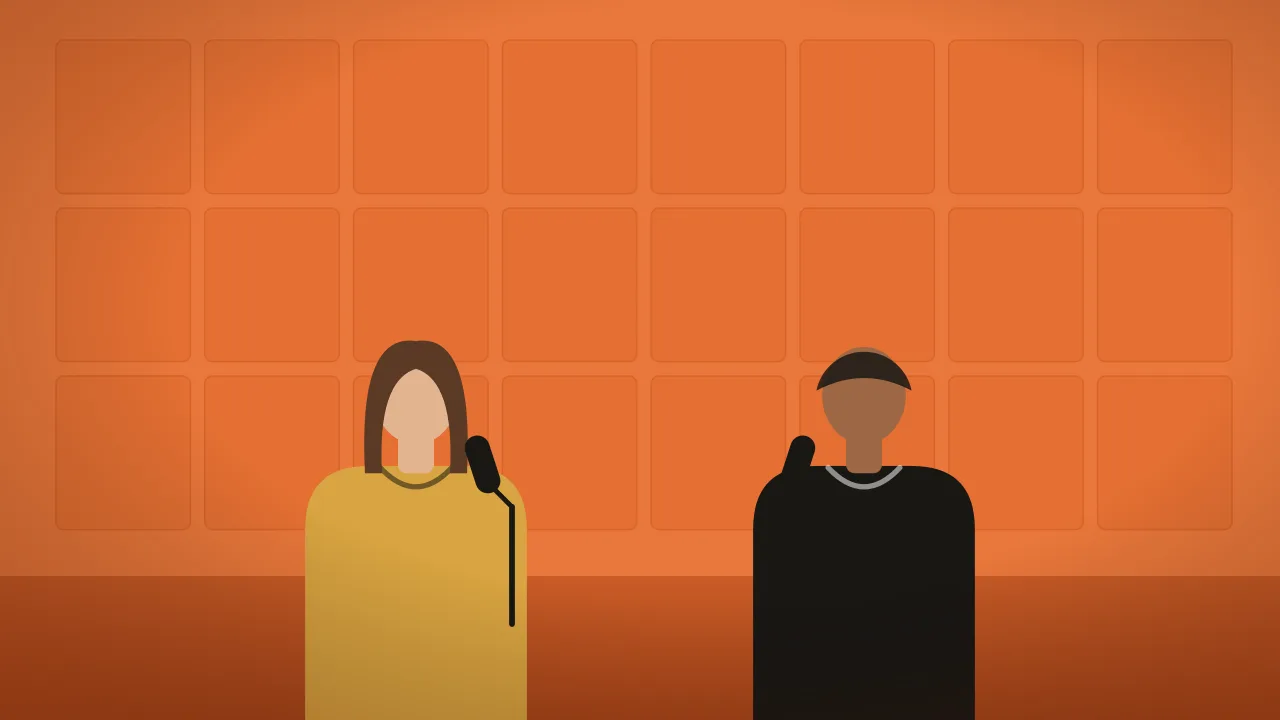 Illustration of two people at microphones in an orange booth (placeholder, not a real result)